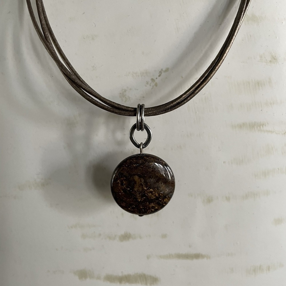 3-Strand Brown Leather Cord Round Bronzite Stone Charm Pendant Necklace 16-18"